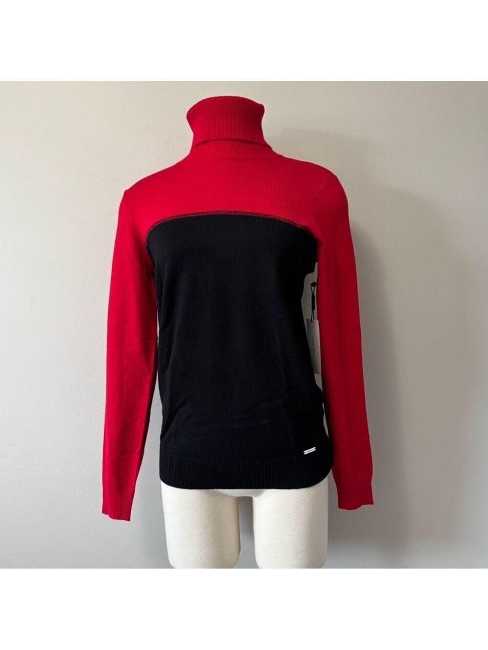 Calvin Klein ColorBlock Red and Black Turtleneck Sweater Small